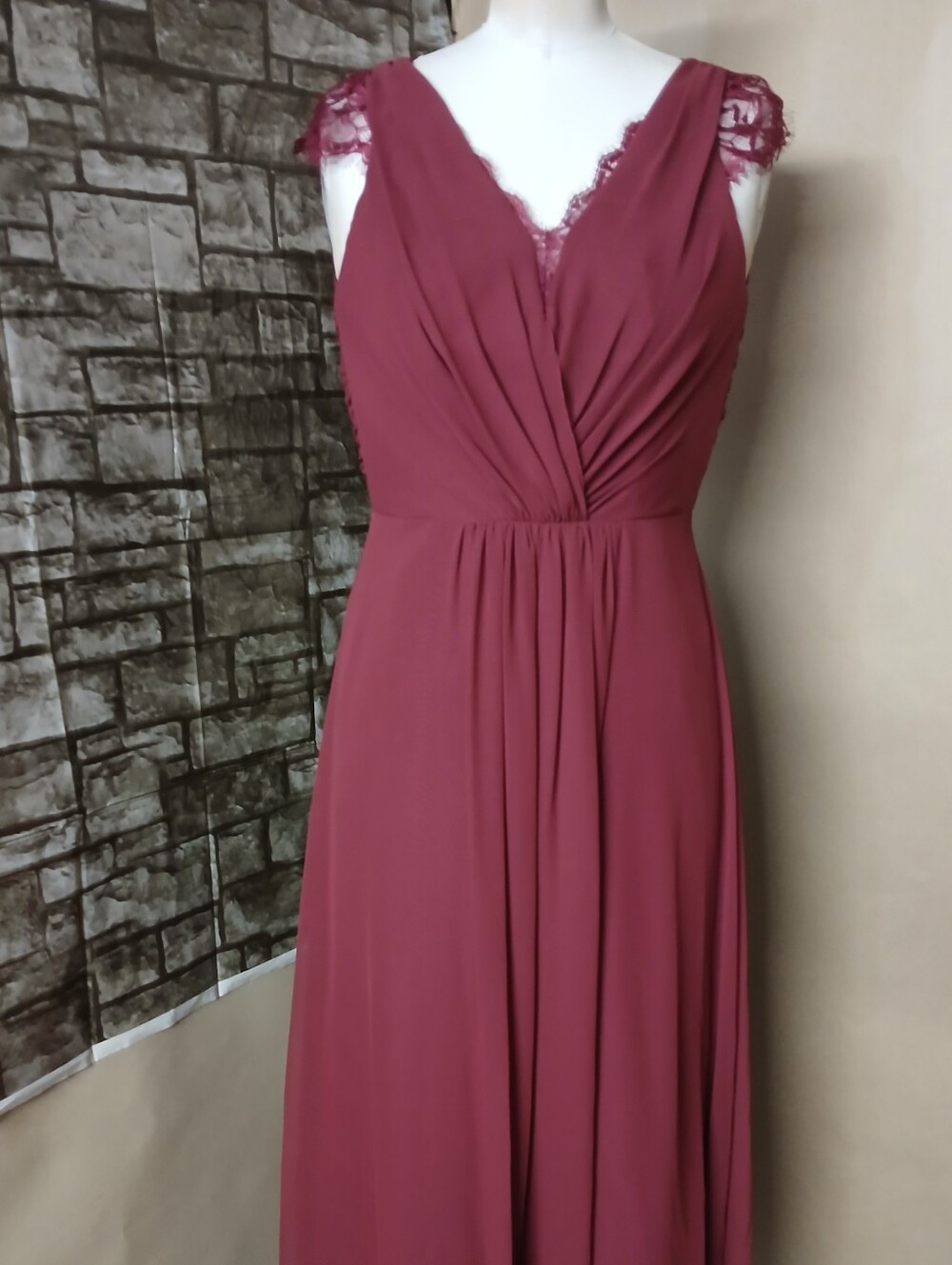 Hayley Paige Occasions Wine-Red Lace Trim Maxi Dress